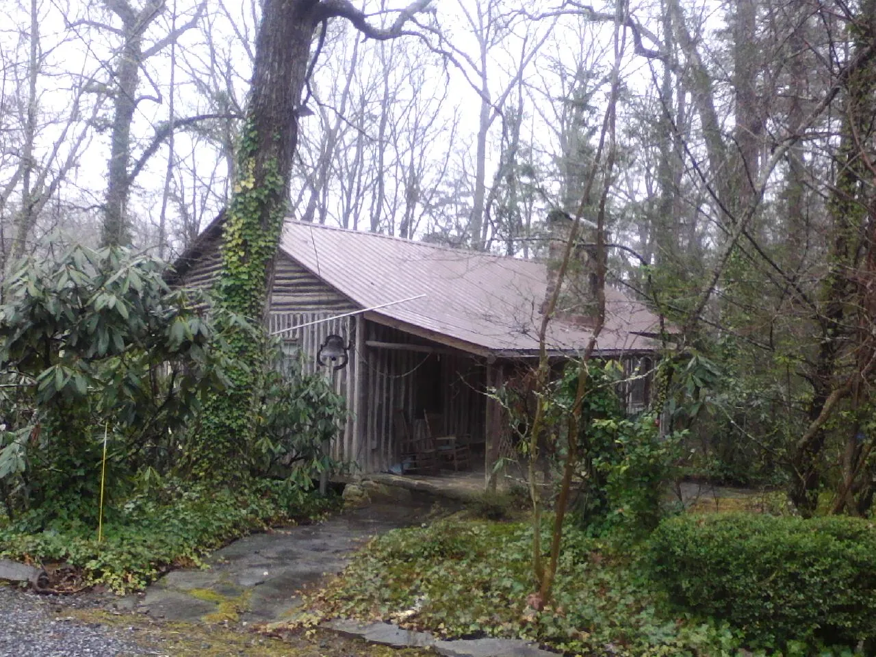 Weathered metal roof on an old board sided cabin in the woods in Rochdale